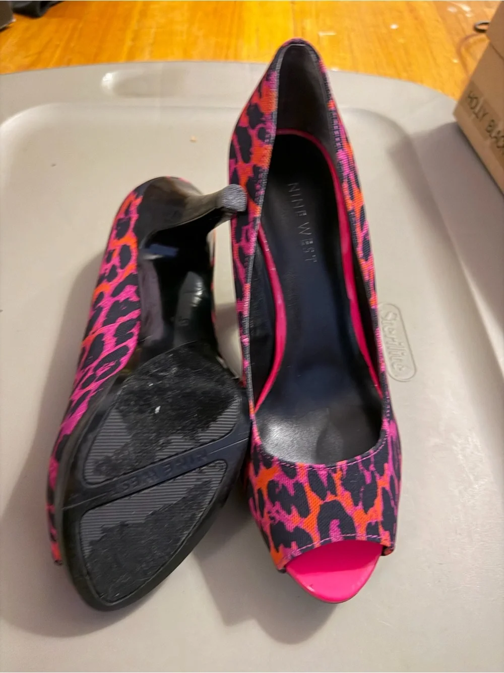 Nine West Hot Pink and Orange Leopard Peep-Toe Pumps